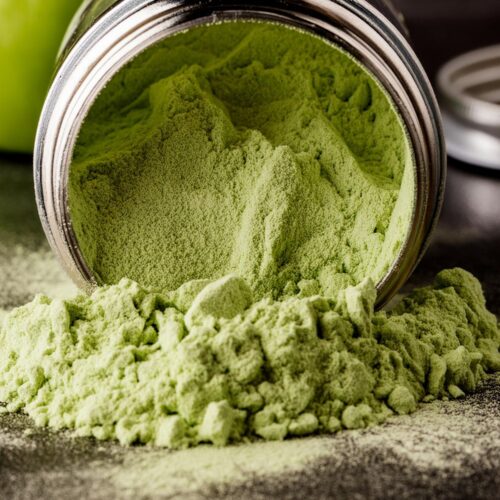 A spilled box of green apple pre-workout powder, vibrant and energizing.