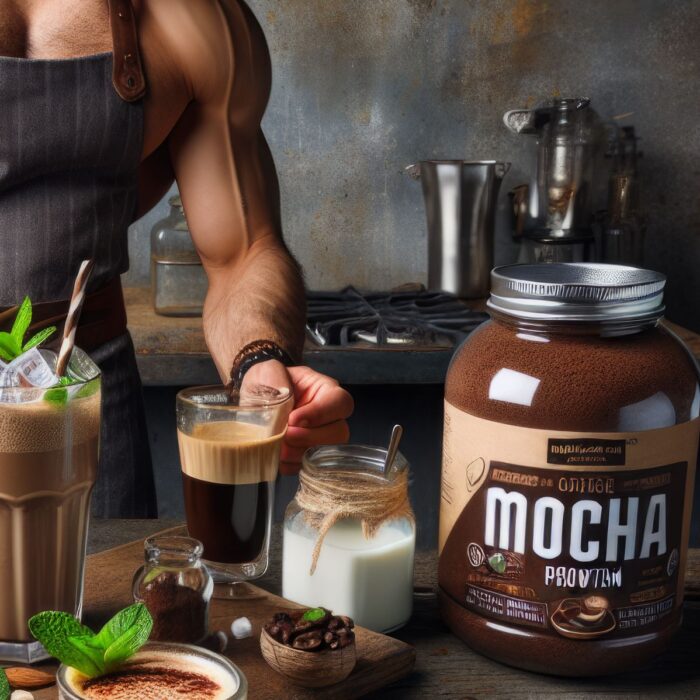 Person blending a coffee-flavored whey protein isolate shake.