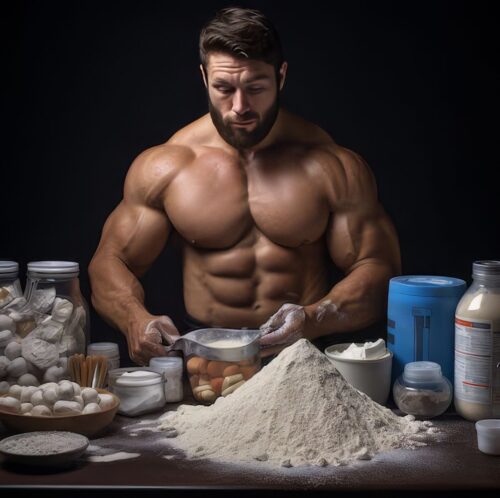 Bodybuilder preparing mass gainer protein shake with eggs in the background, emphasizing nutrition and muscle-building.